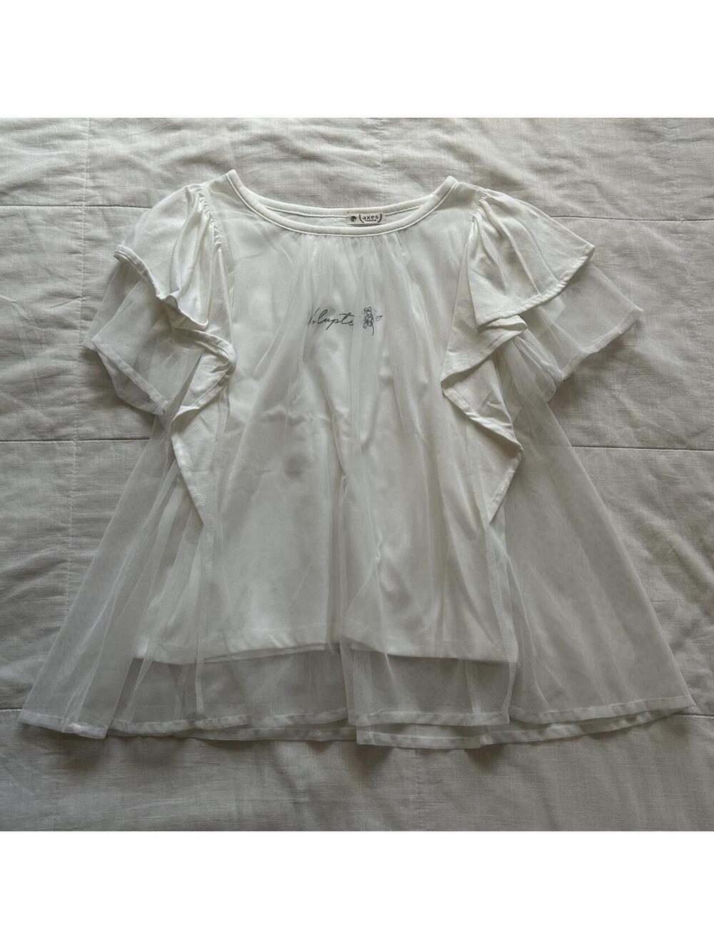 Axes Femme Ivory White Sheer Tulle Overlay Flutter Sleeve Blouse Top M Japan